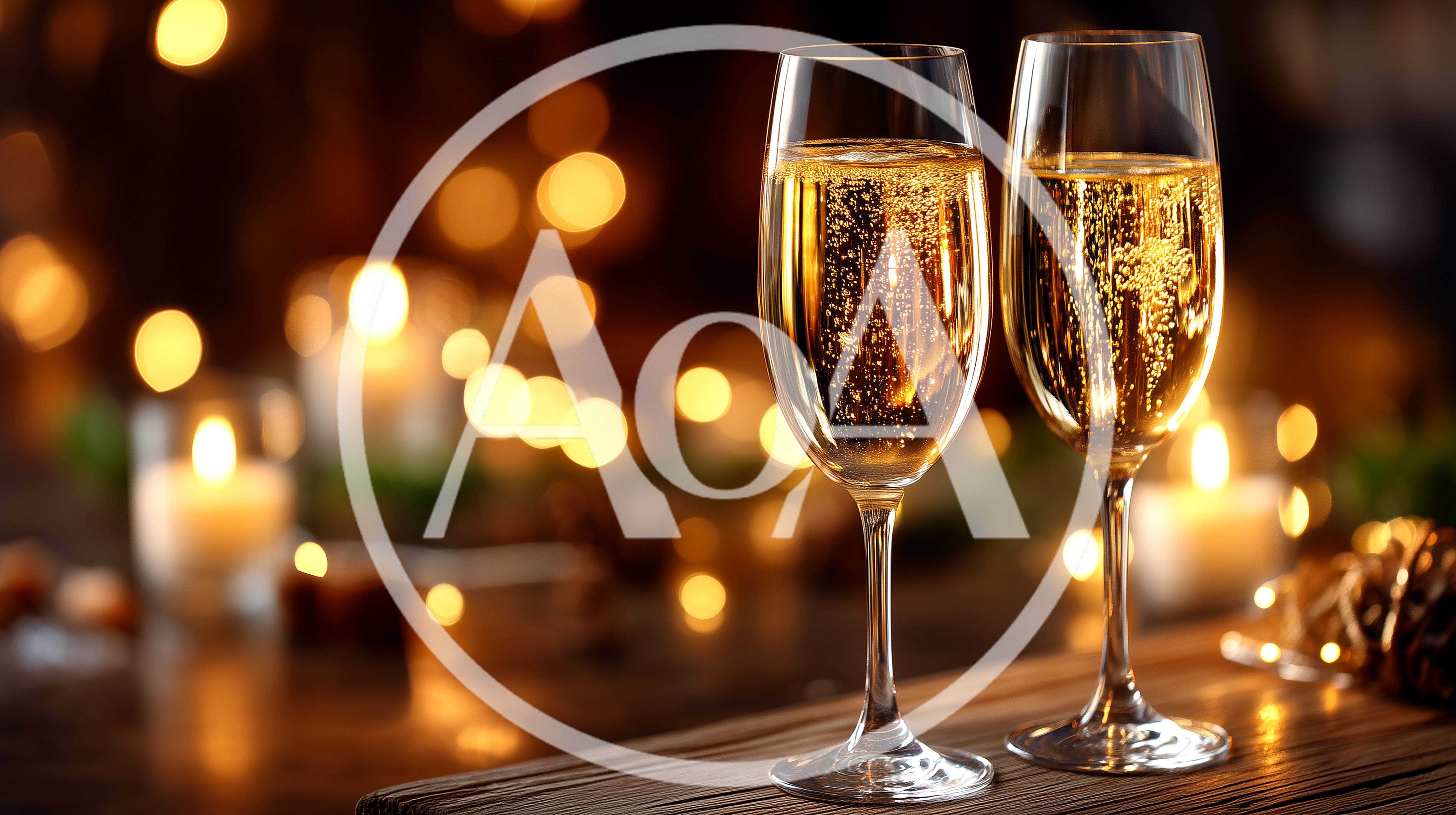 Two Champagne Flutes With Bubbles On A Wooden Table