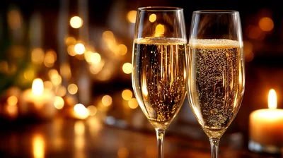 Two Flutes Of Sparkling Champagne With Candlelight Background