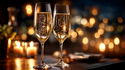 Two Champagne Flutes With Bubbles On A Table