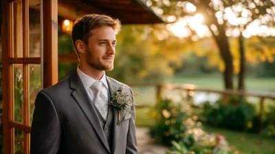 Groom Standing Outside During Golden Hour Wedding