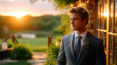 Handsome Groom Standing Outdoors During Golden Hour