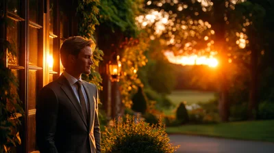 Man In Suit Standing Outside During Golden Hour
