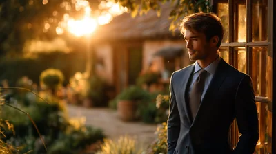 Handsome Man In Suit Standing By Garden Window