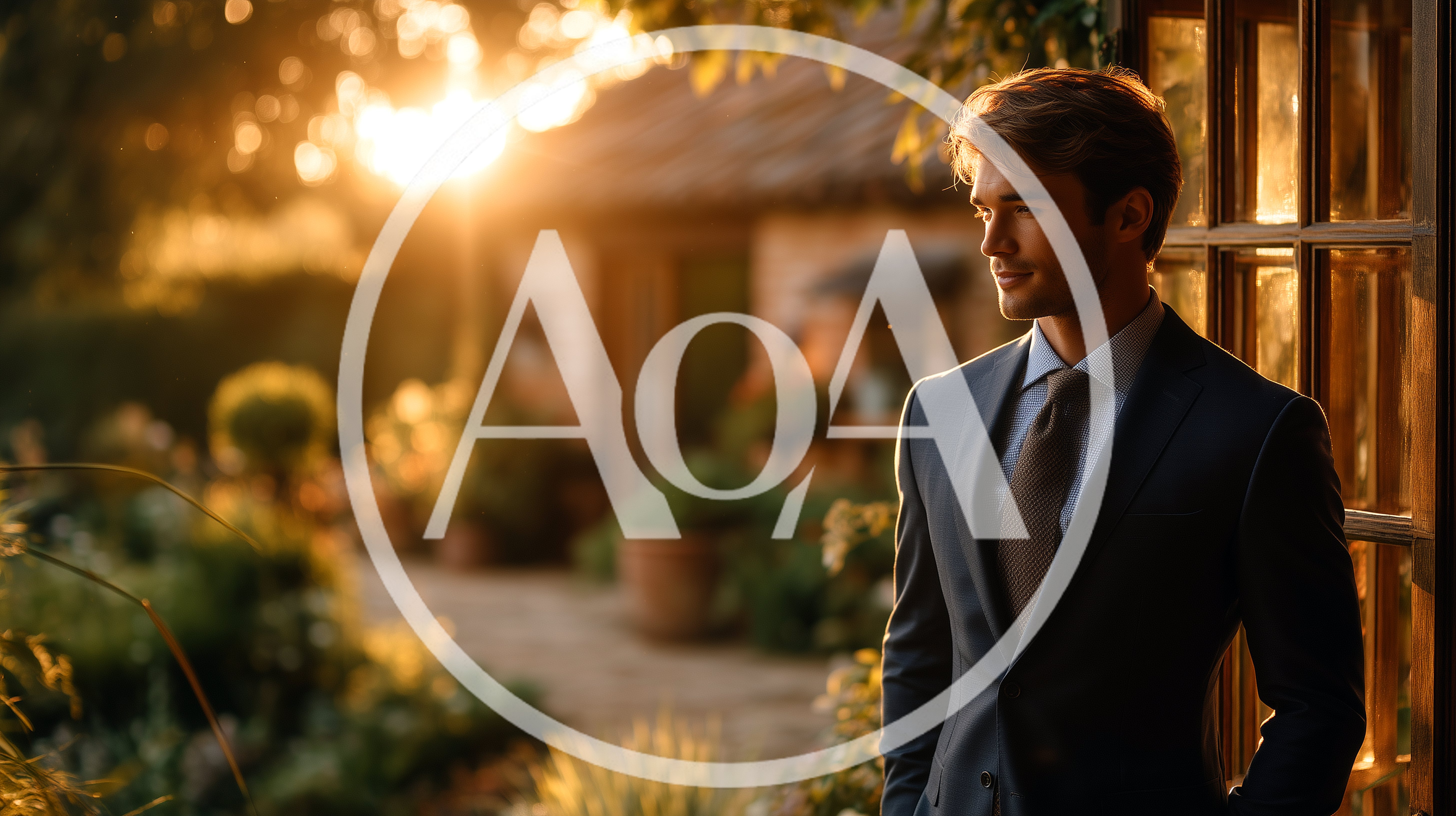Handsome Man In Suit Standing By Garden Window