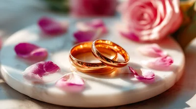 Two Gold Wedding Rings on Marble with Rose Petals