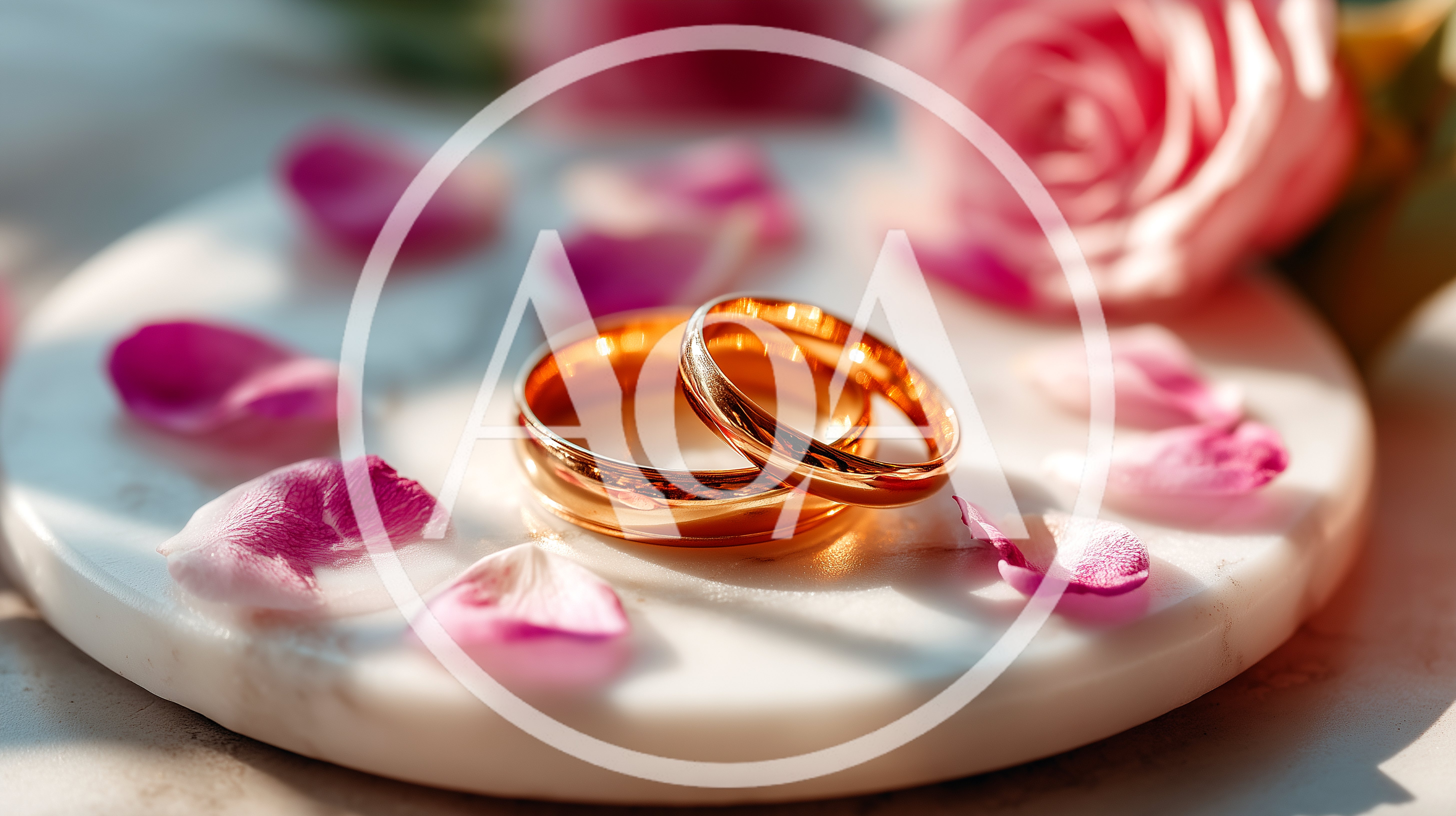 Two Gold Wedding Rings on Marble with Rose Petals