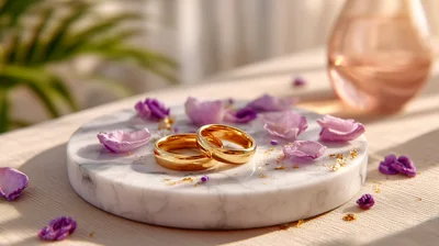 Two Gold Wedding Rings On Marble Display
