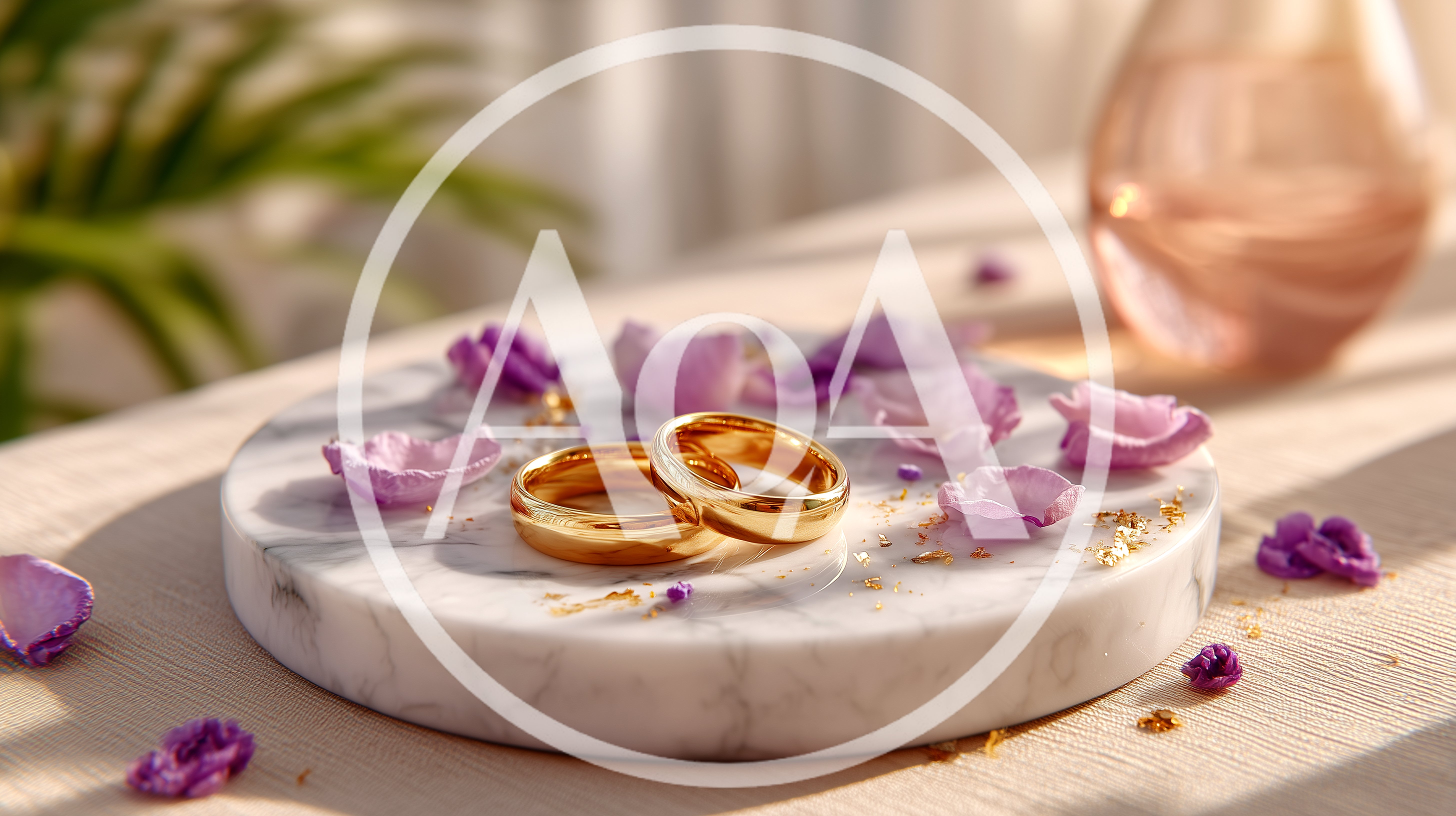 Two Gold Wedding Rings On Marble Display