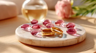 Two Gold Wedding Rings On A Marble Tray