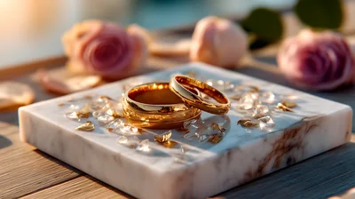 Two Gold Wedding Rings On A Marble Plinth