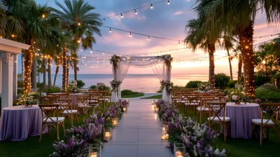 Outdoor Beach Wedding Ceremony Setup At Sunset