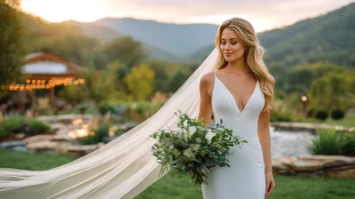 Beautiful Bride Holding Bouquet With Flowing Veil Outdoors