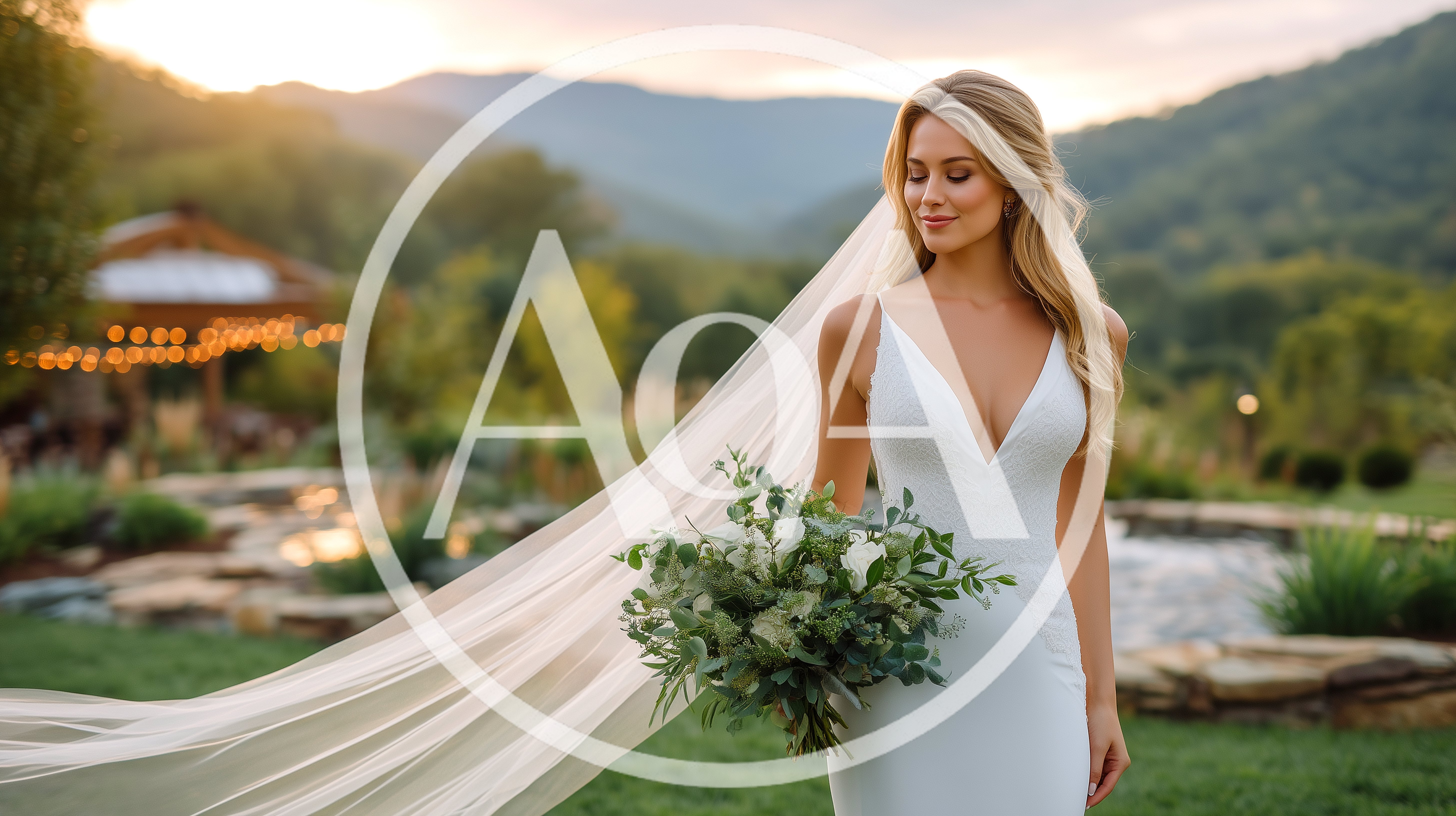 Beautiful Bride Holding Bouquet With Flowing Veil Outdoors