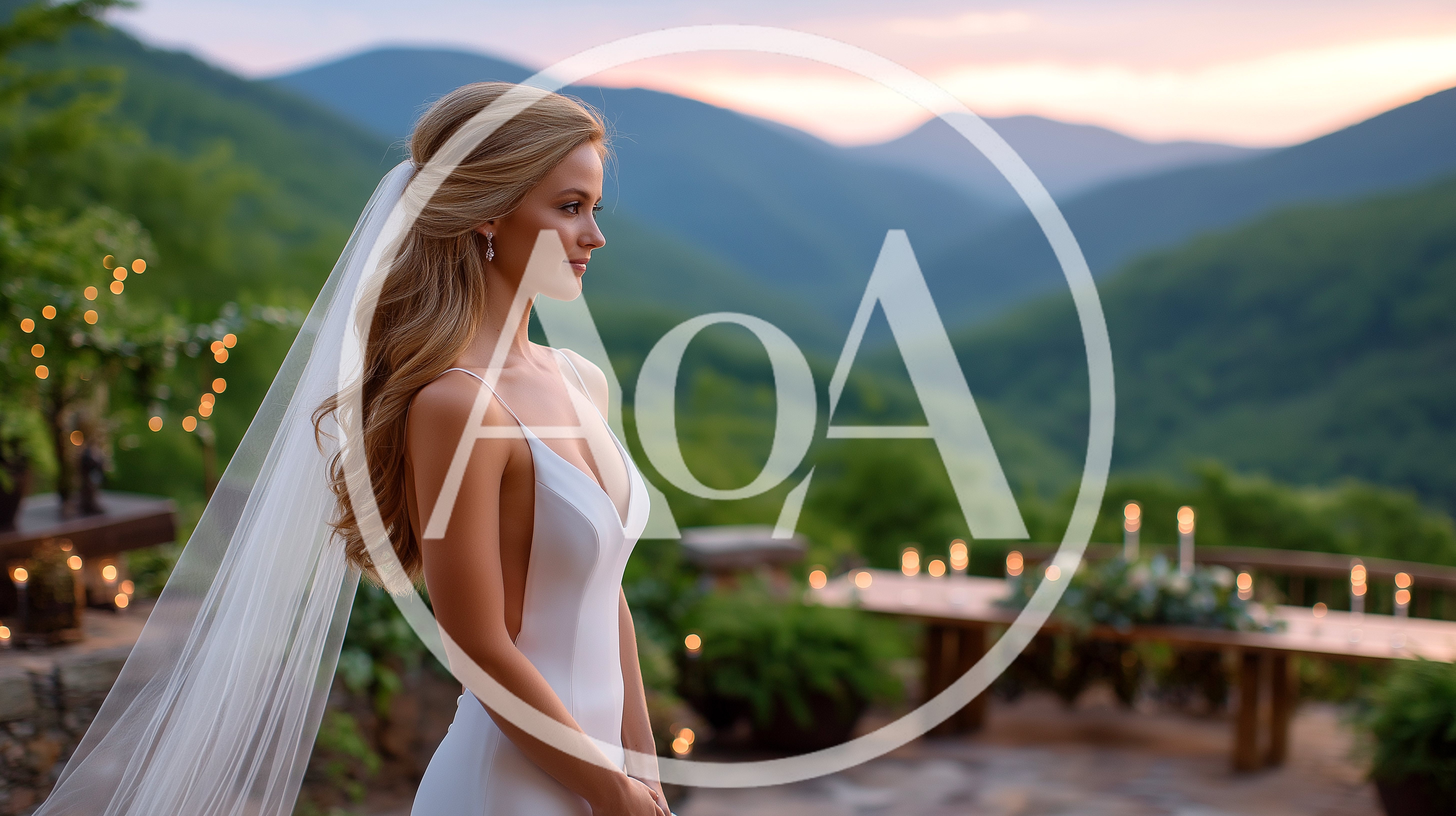 Beautiful Bride Standing Outdoors At Sunset Mountain Wedding