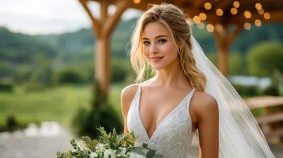 Beautiful Bride Holding Bouquet In Outdoor Wedding Setting