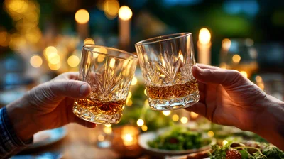 Two People Toasting With Whiskey Glasses At Dinner