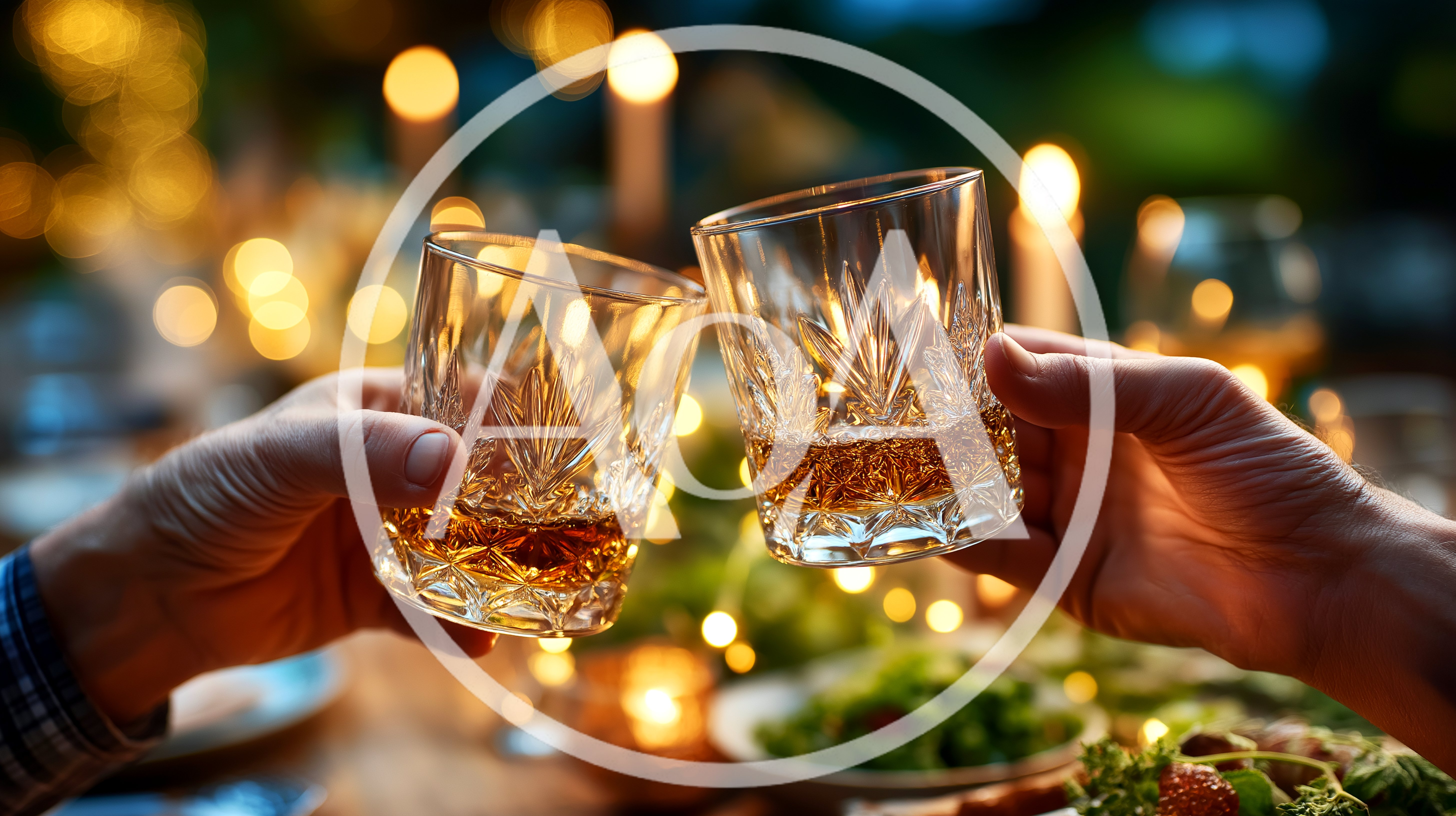 Two People Toasting With Whiskey Glasses At Dinner