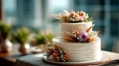 Two Tier Wedding Cake Decorated With Dried Flowers