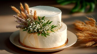 Two Tiered White Wedding Cake With Dried Floral Topper