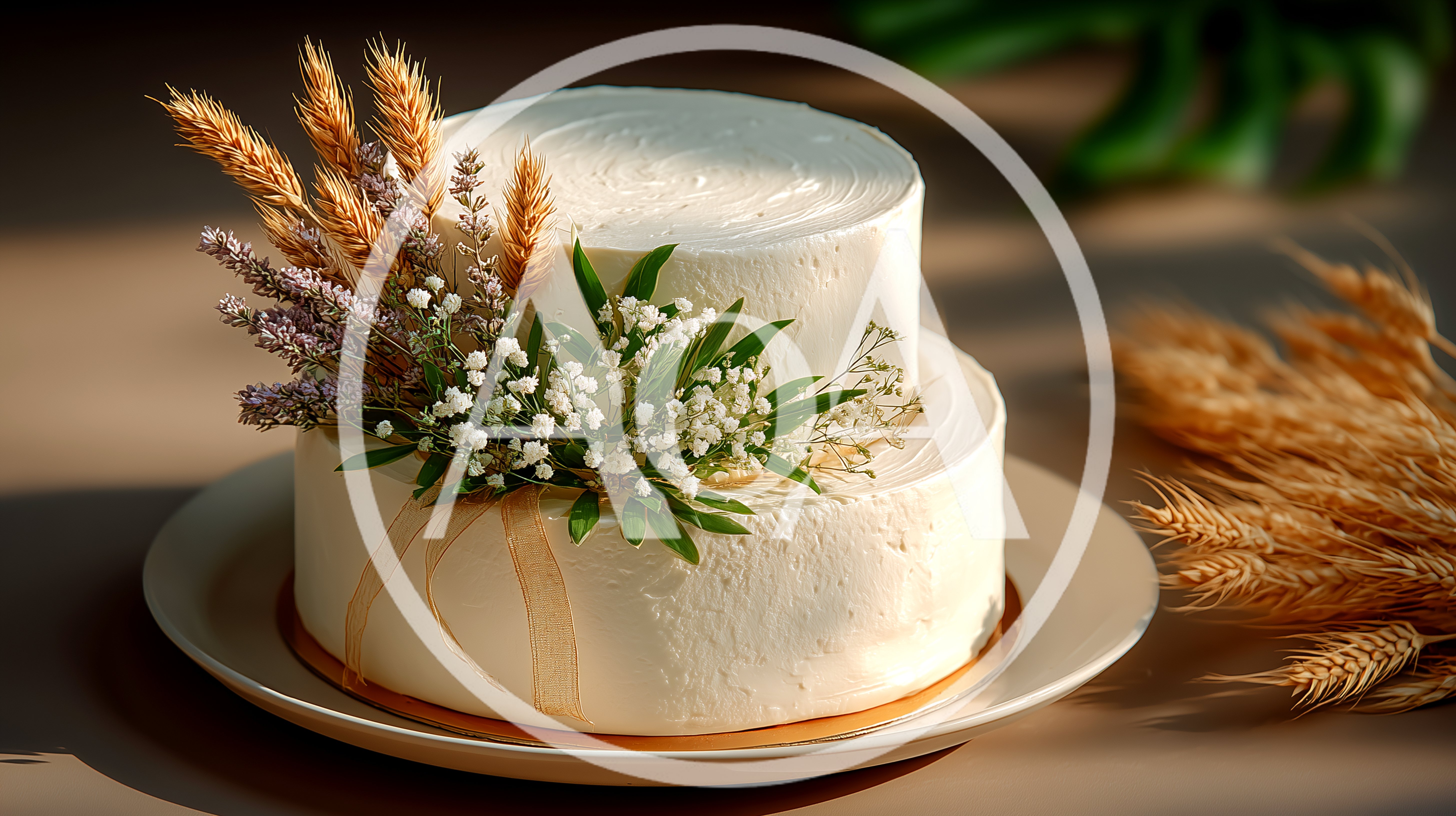 Two Tiered White Wedding Cake With Dried Floral Topper
