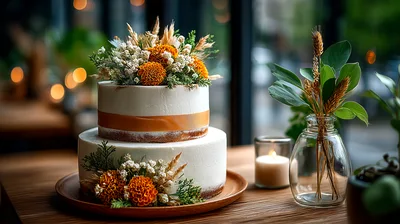 Two Tier Wedding Cake With Autumn Floral Decorations