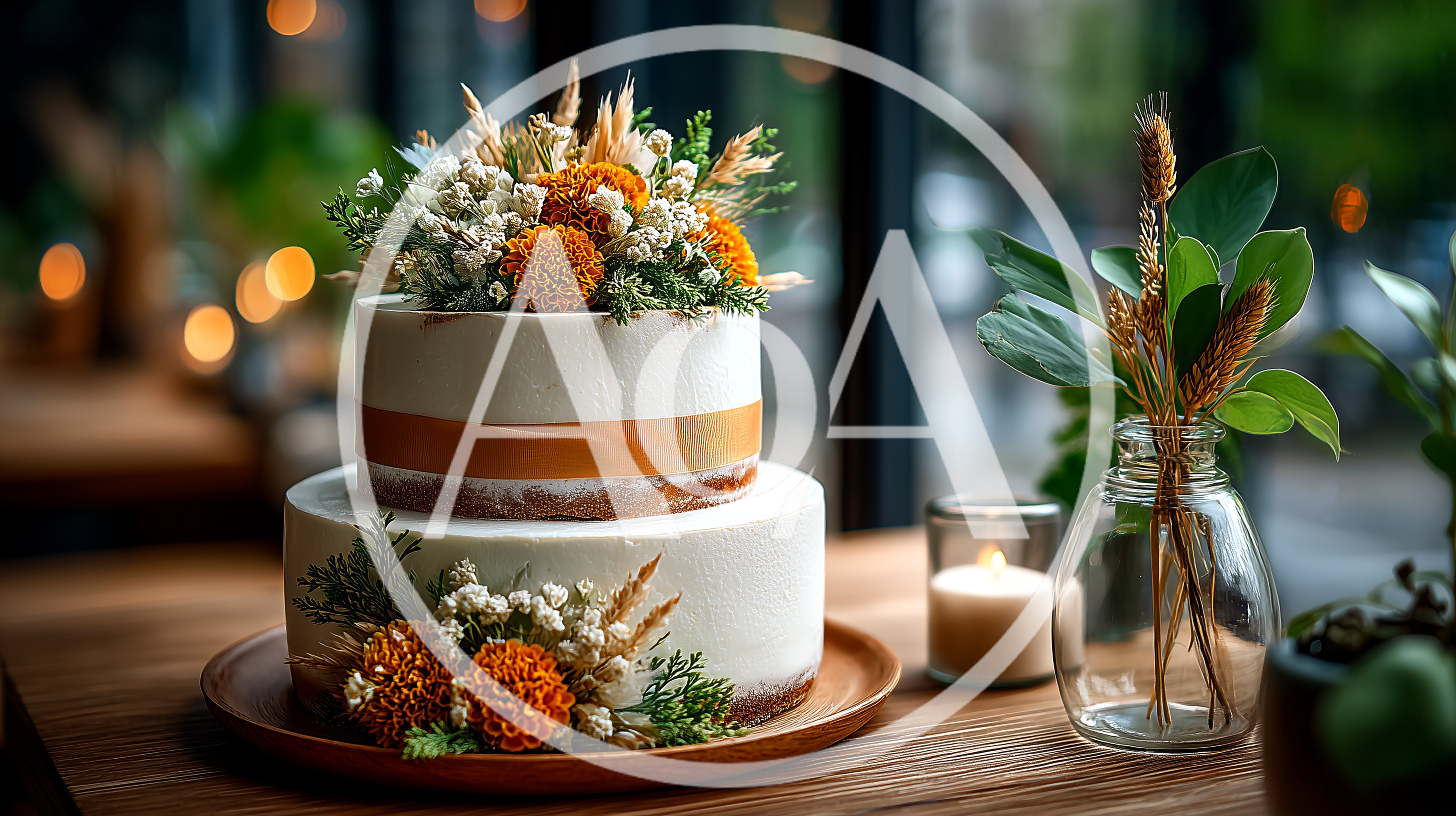 Two Tier Wedding Cake With Autumn Floral Decorations