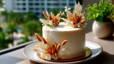 Minimalist White Cake Decorated With Dried Floral Arrangements