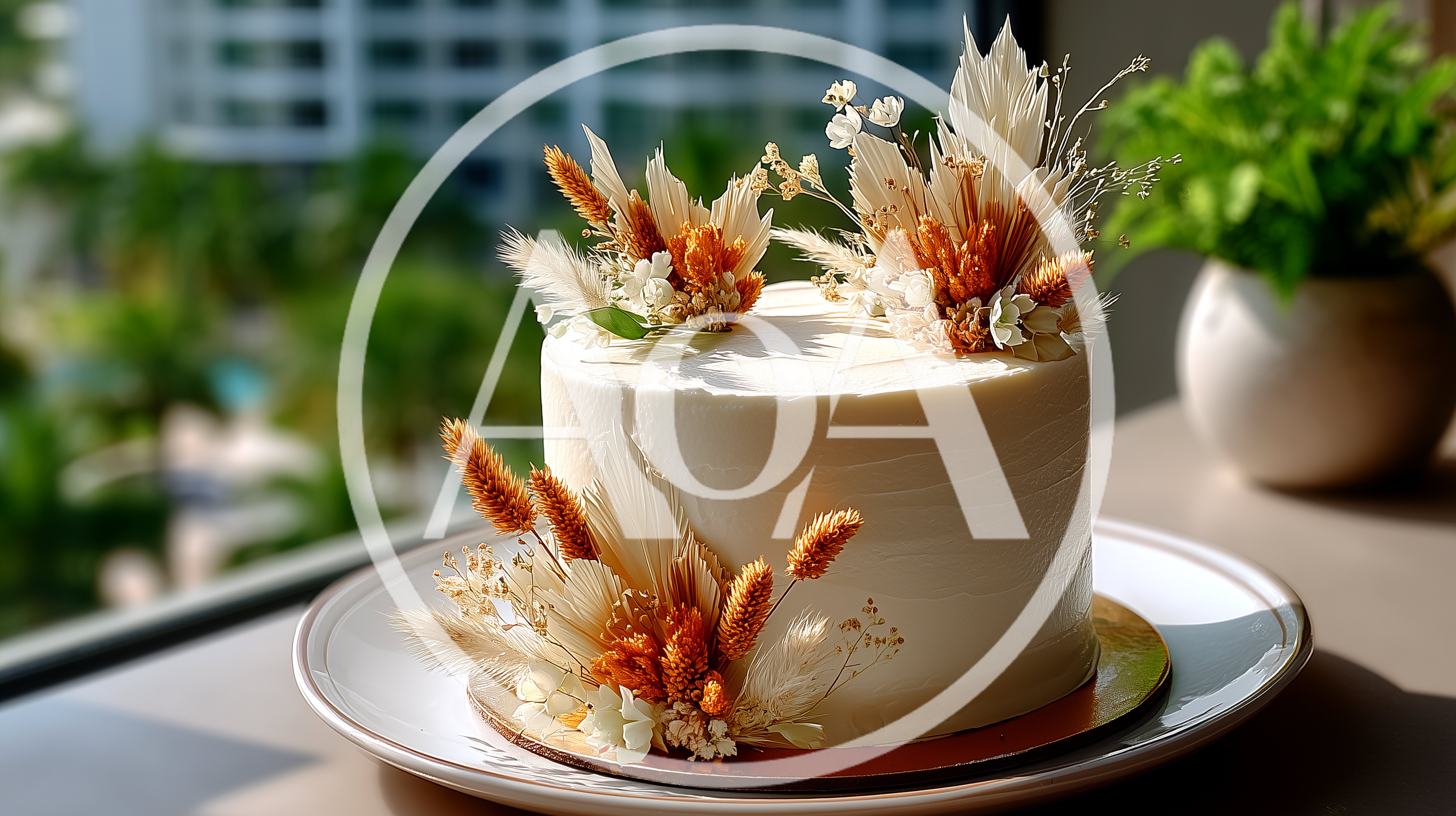 Minimalist White Cake Decorated With Dried Floral Arrangements