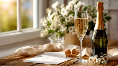 Champagne Bottle and Flute with Flowers on Wooden Table