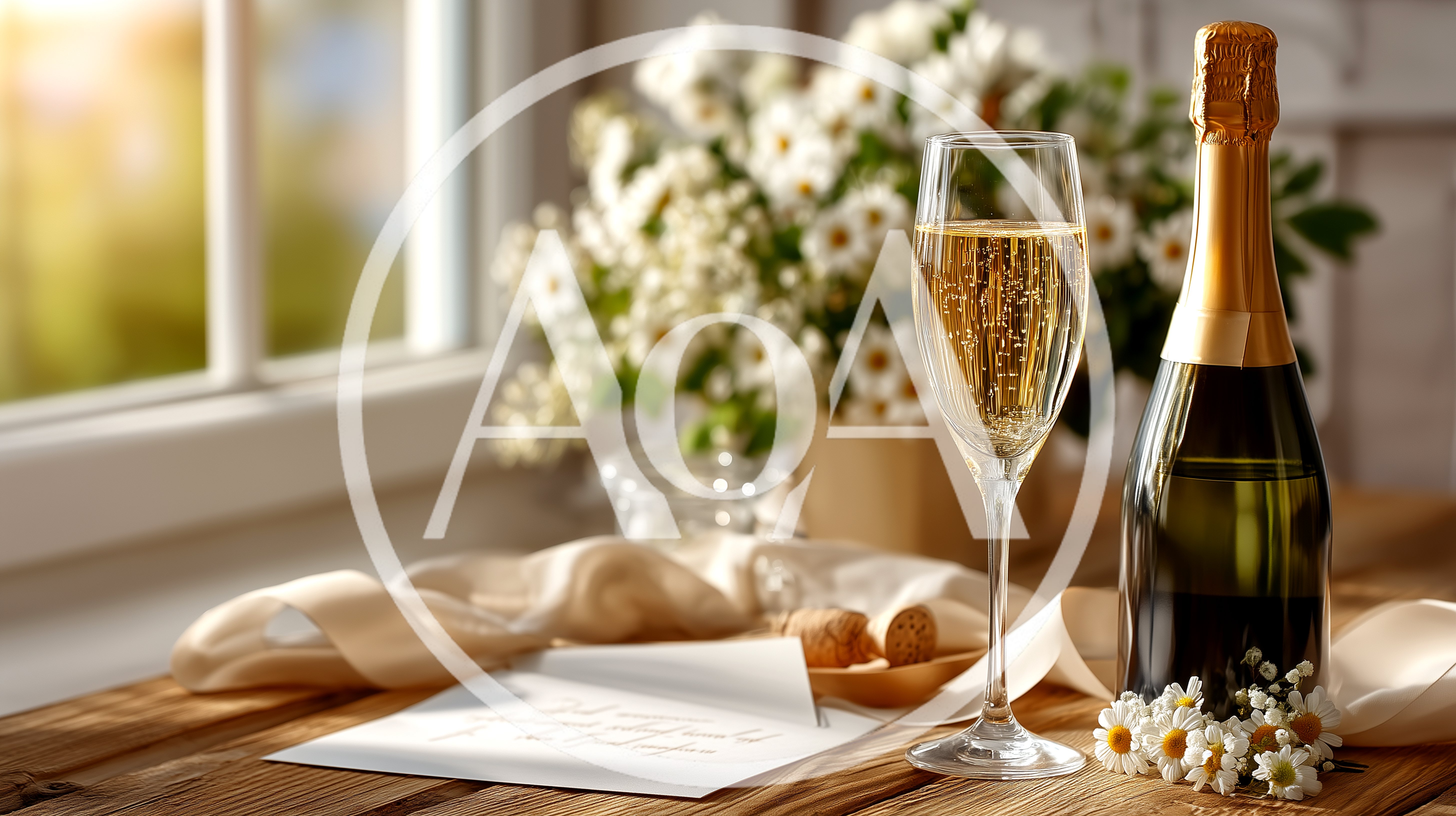 Champagne Bottle and Flute with Flowers on Wooden Table