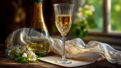 Champagne Bottle and Crystal Glass on Wooden Table