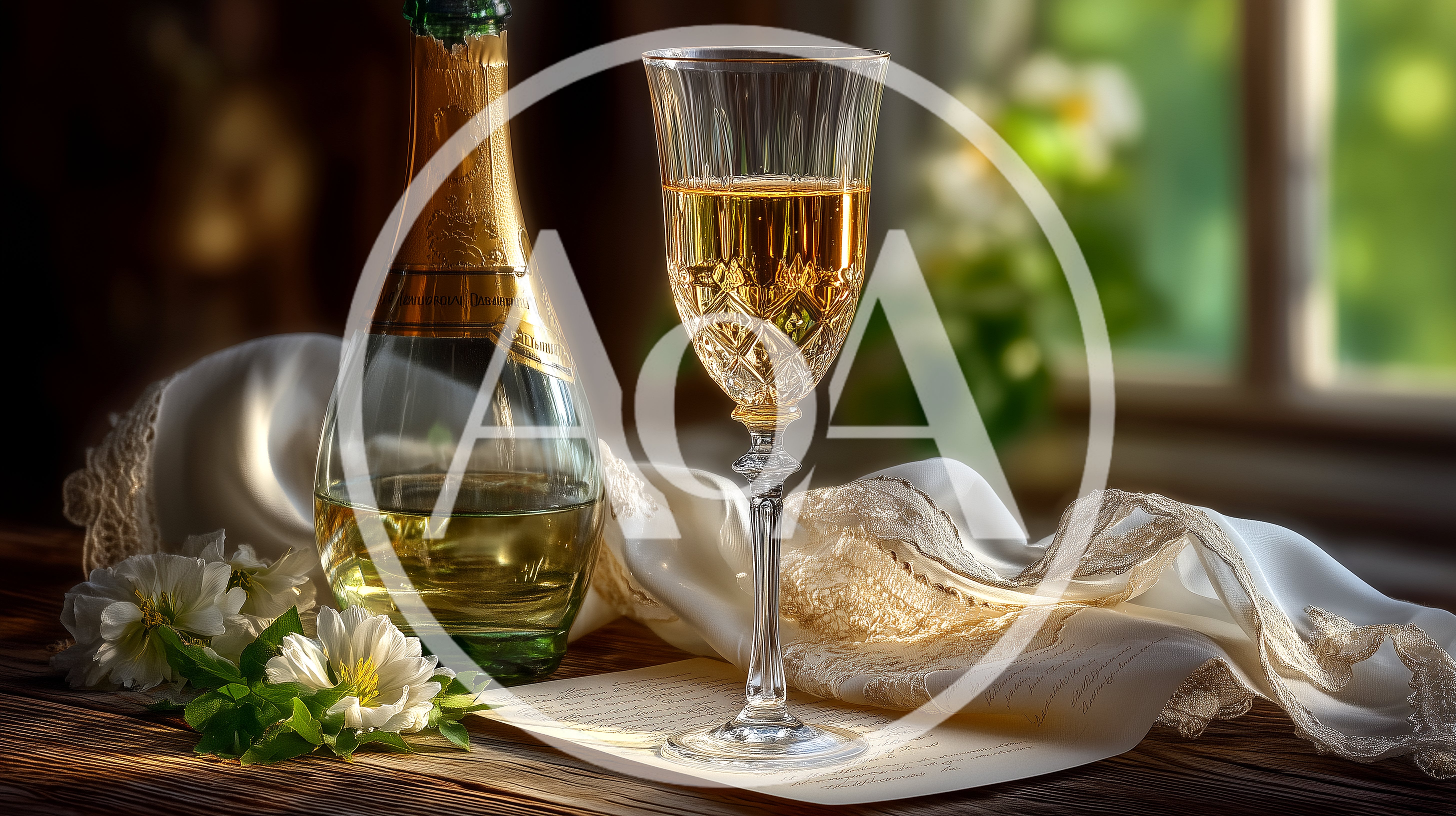 Champagne Bottle and Crystal Glass on Wooden Table