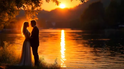 Romantic Couple Standing Together By A Sunset River