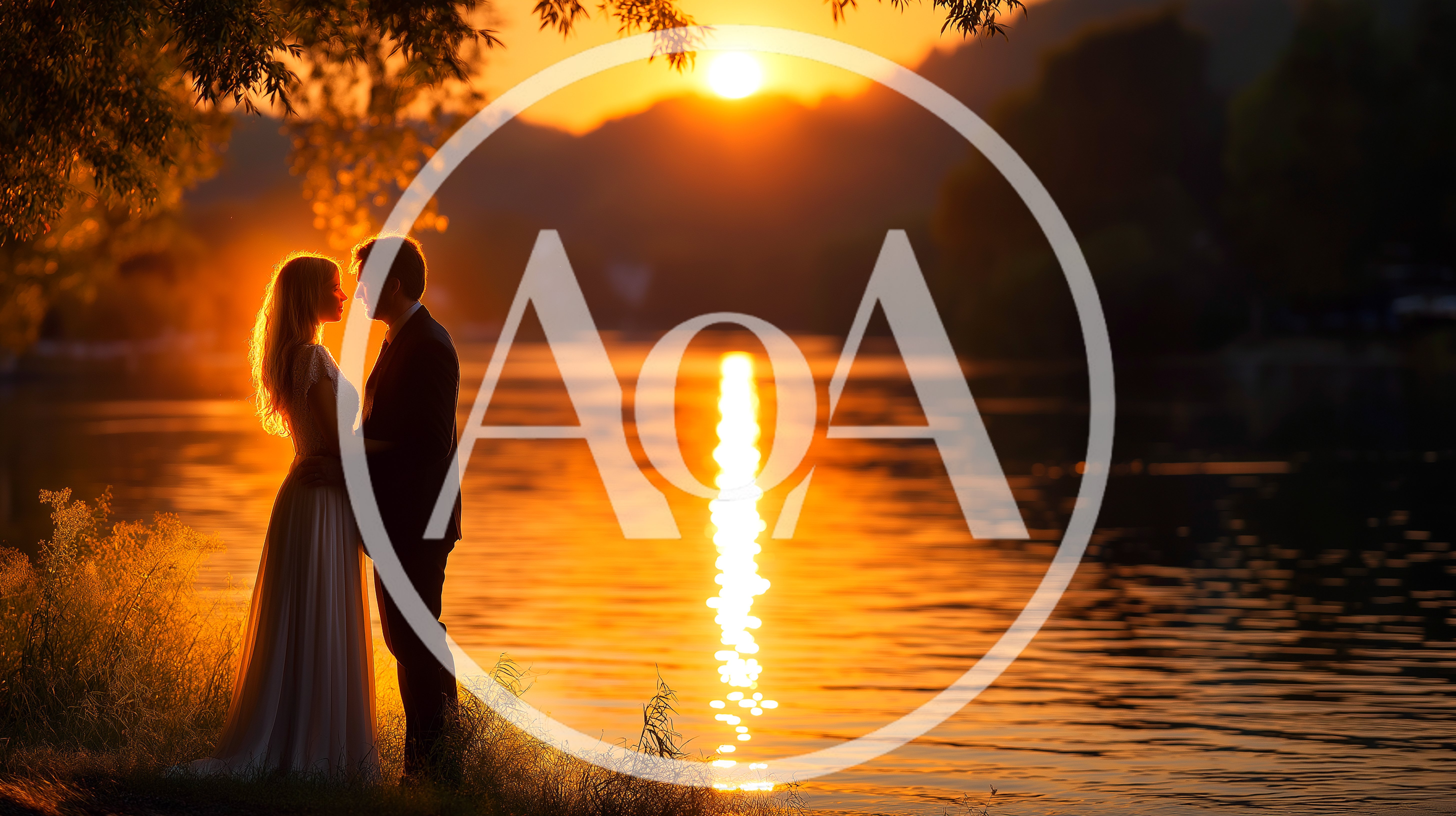 Romantic Couple Standing Together By A Sunset River