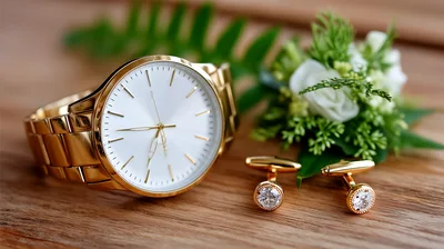 Gold Wristwatch and Diamond Cufflinks with Floral Boutonniere