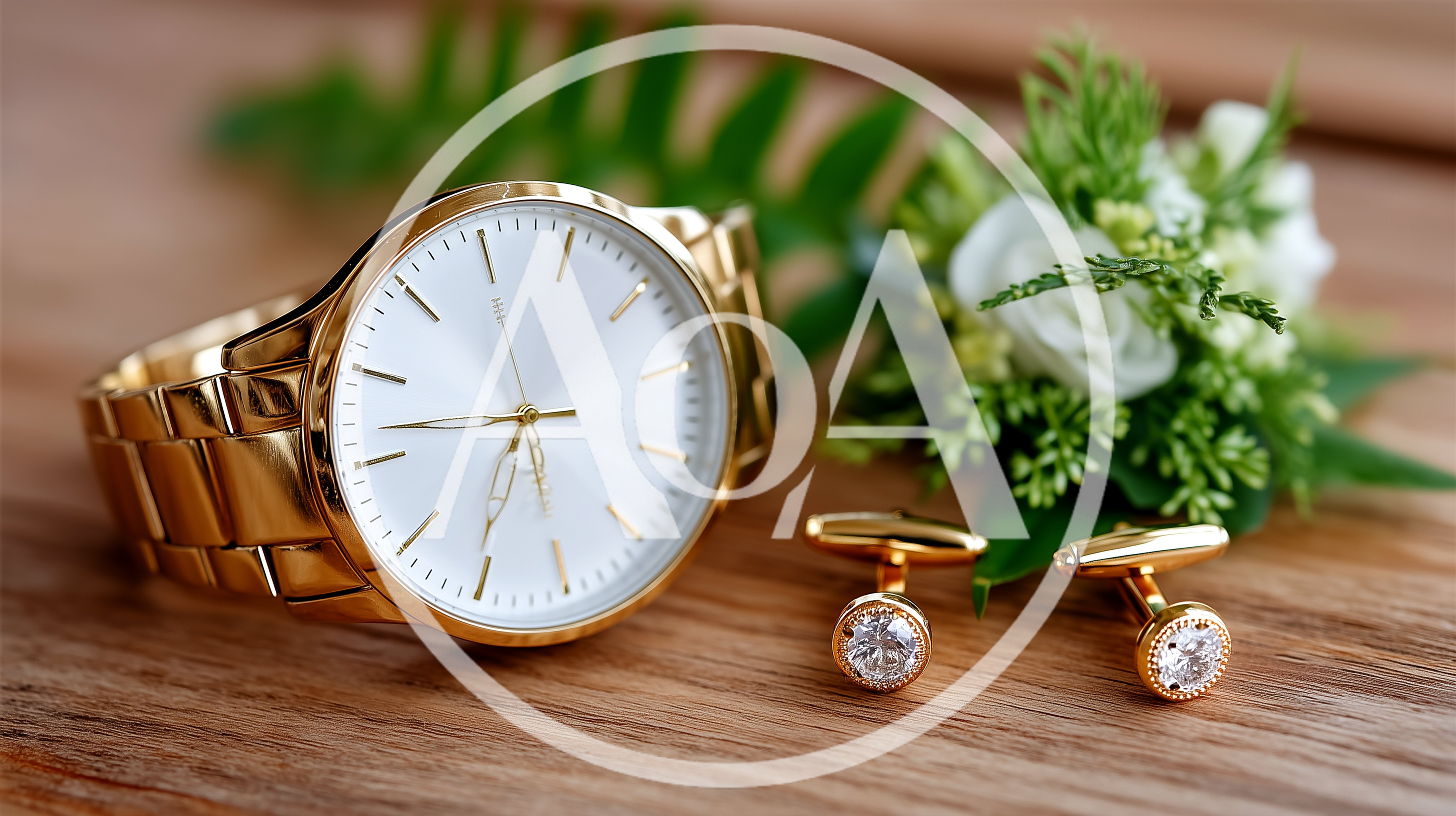 Gold Wristwatch and Diamond Cufflinks with Floral Boutonniere