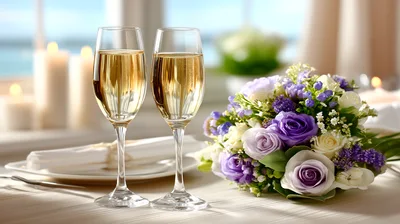 Two Champagne Flutes With A Floral Bouquet