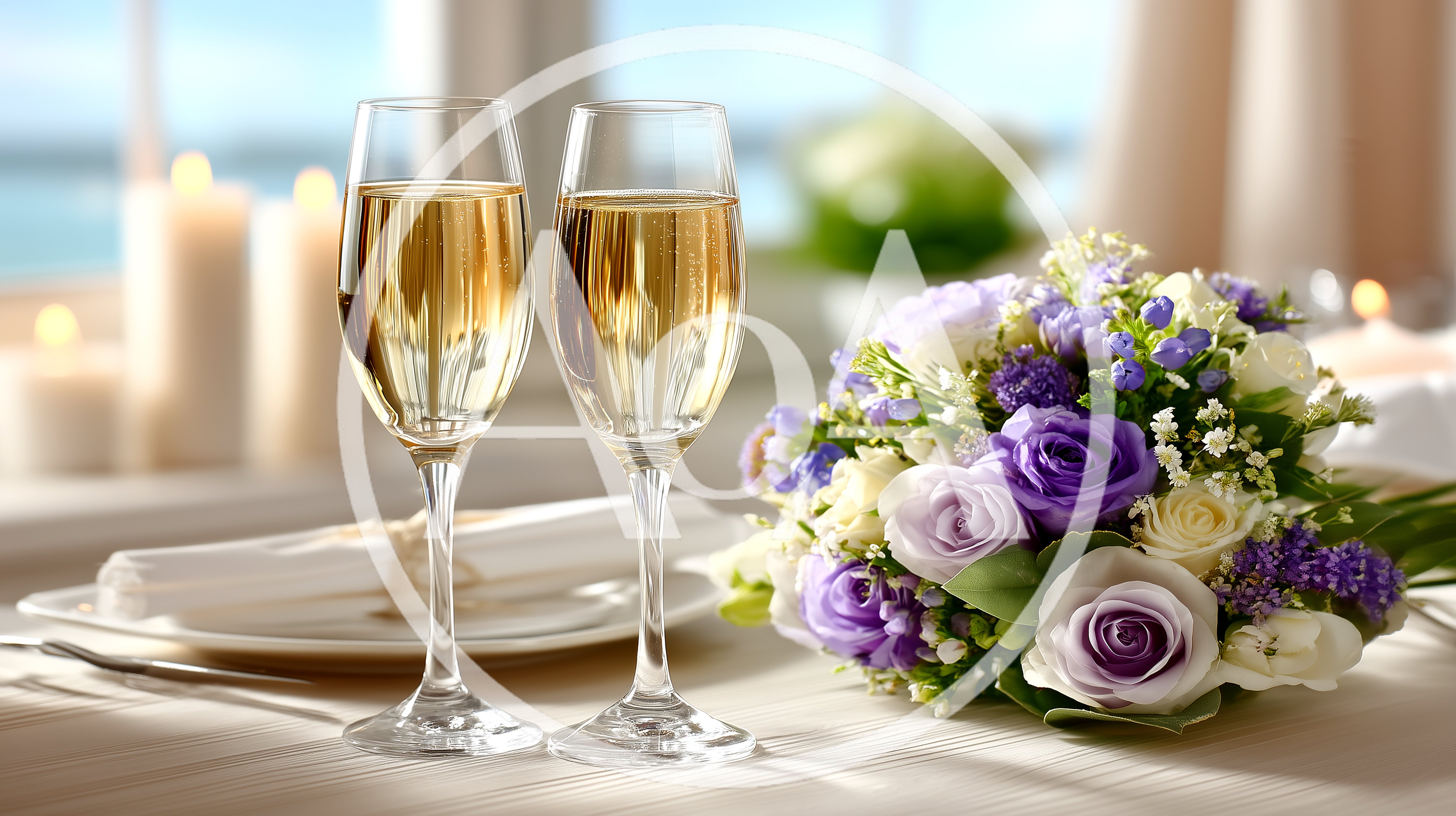Two Champagne Flutes With A Floral Bouquet