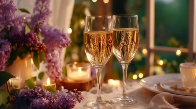 Two Glasses Of Champagne With Lilac Flowers