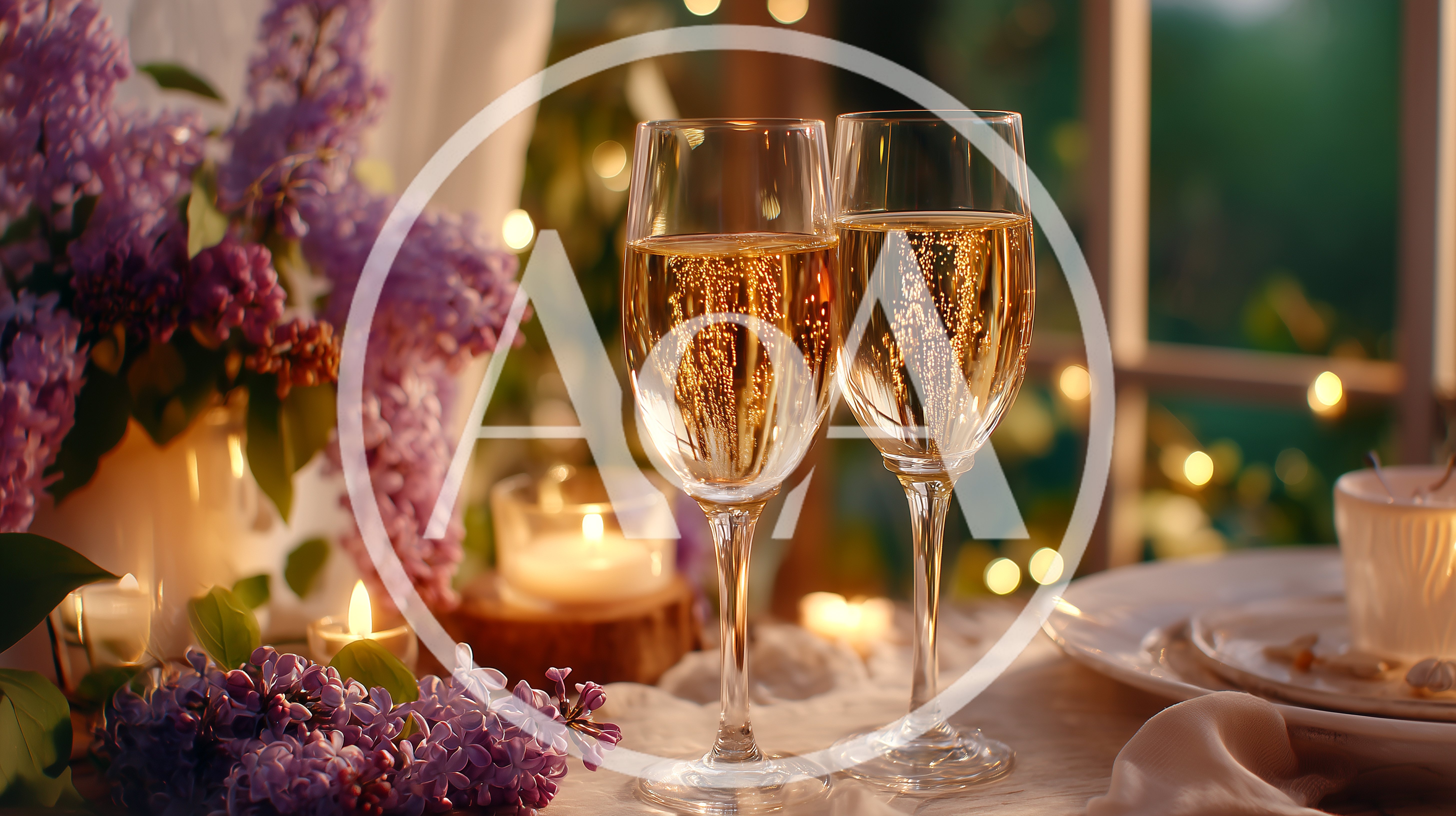 Two Glasses Of Champagne With Lilac Flowers