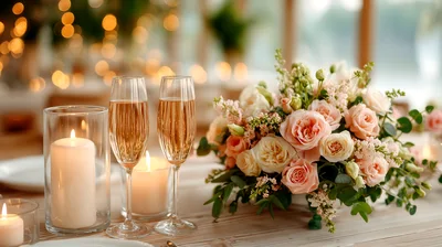 Romantic Wedding Table Setting With Champagne And Flowers