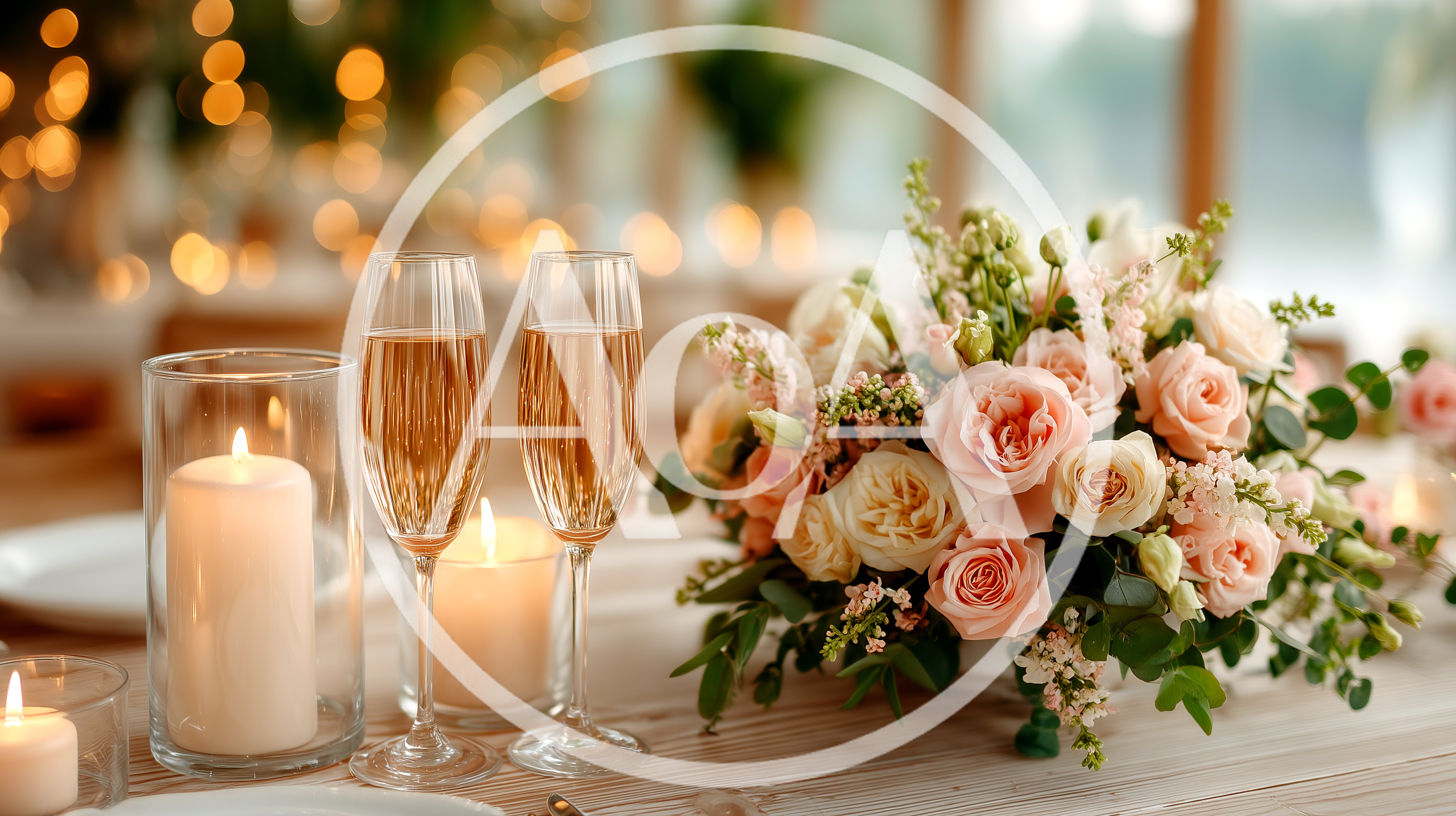 Romantic Wedding Table Setting With Champagne And Flowers