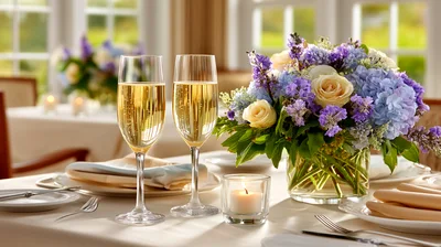 Two Champagne Flutes And Floral Centerpiece On Dining Table