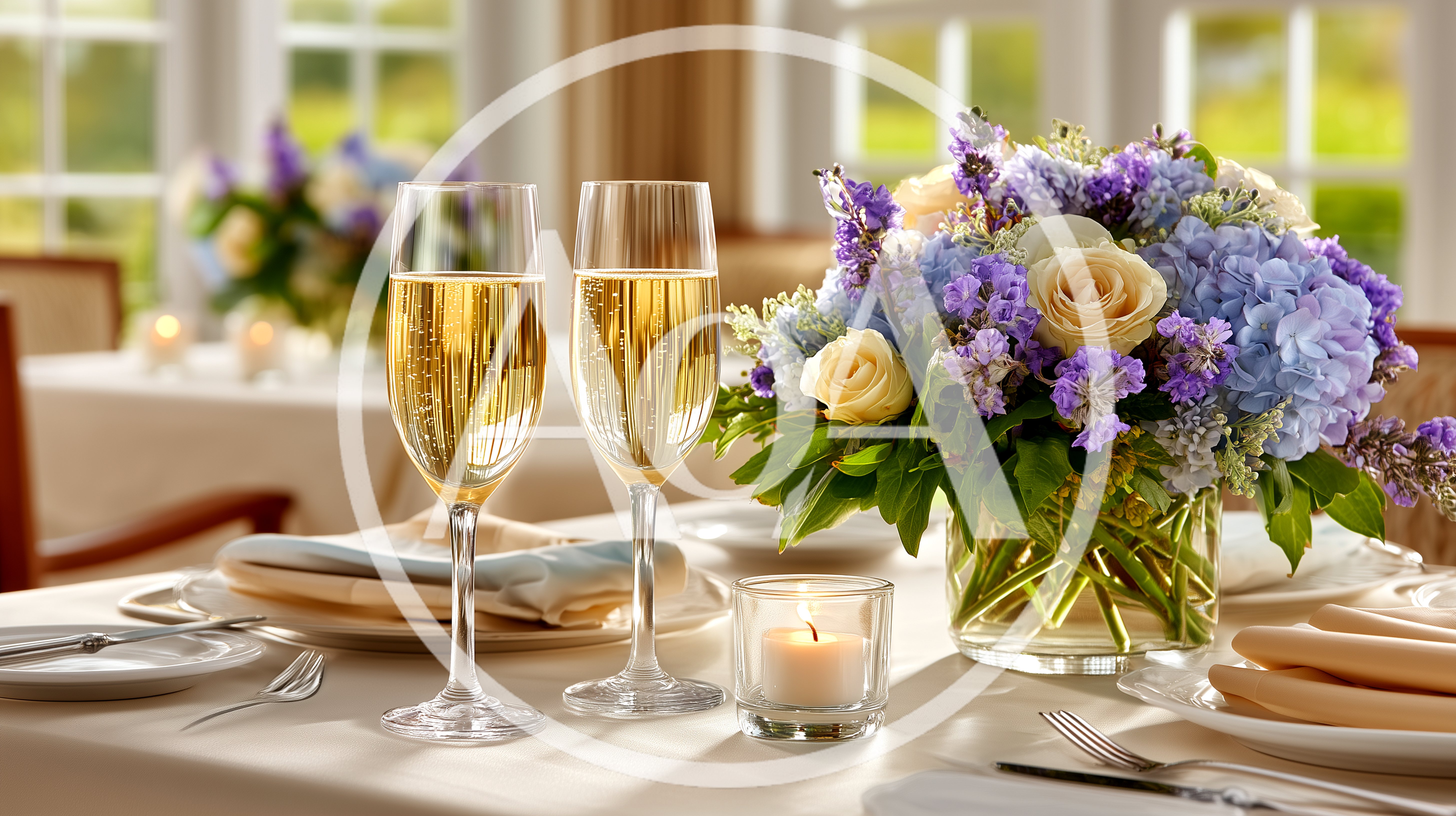 Two Champagne Flutes And Floral Centerpiece On Dining Table