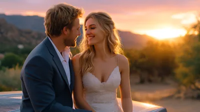 Newlywed Couple Sitting Together During Golden Hour Sunset