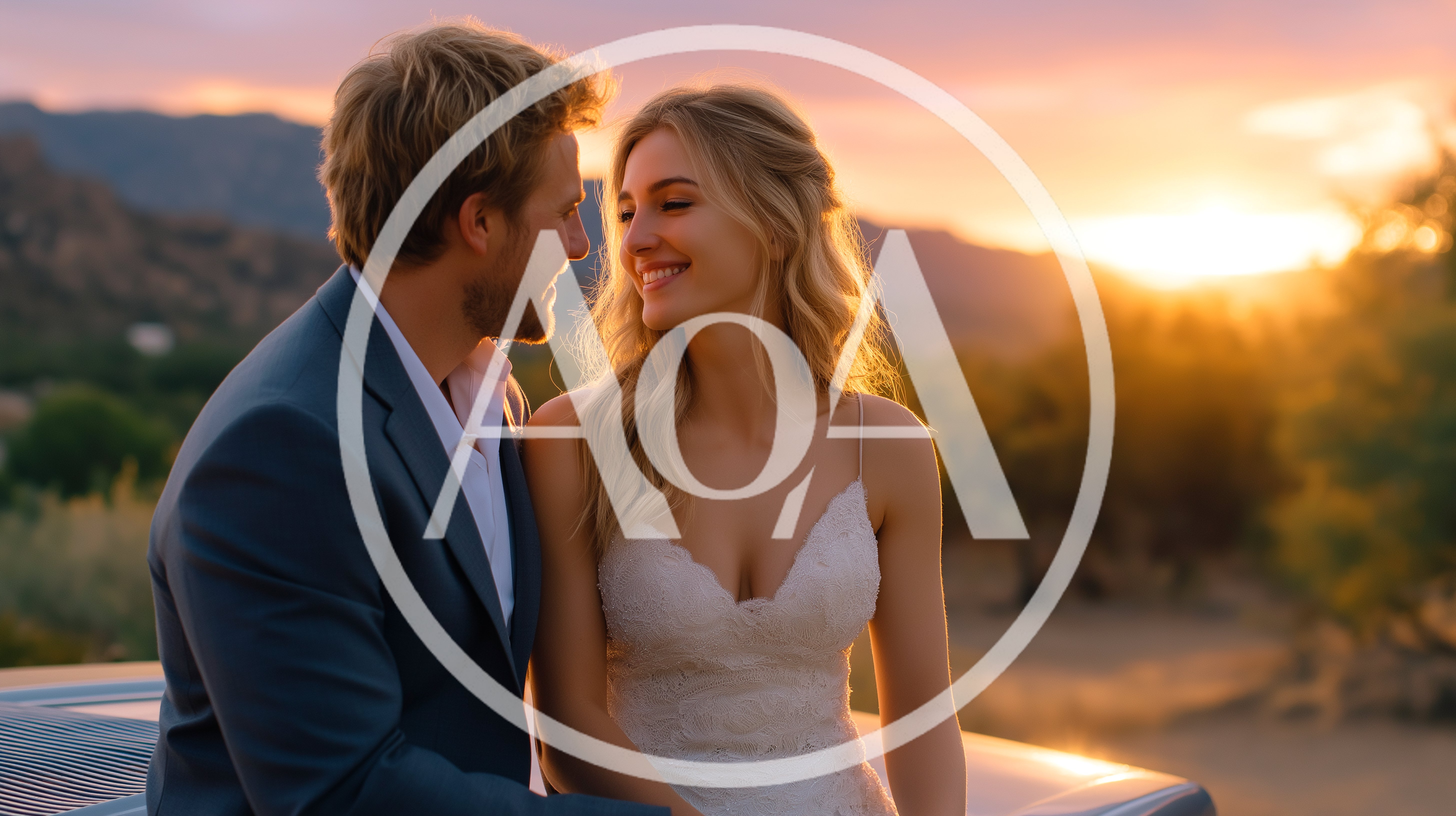 Newlywed Couple Sitting Together During Golden Hour Sunset