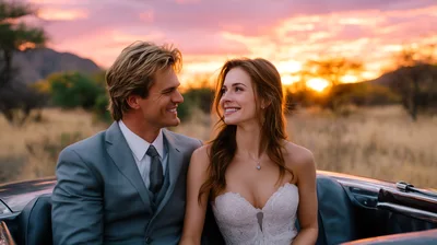 Newlywed Couple Riding In A Convertible At Sunset