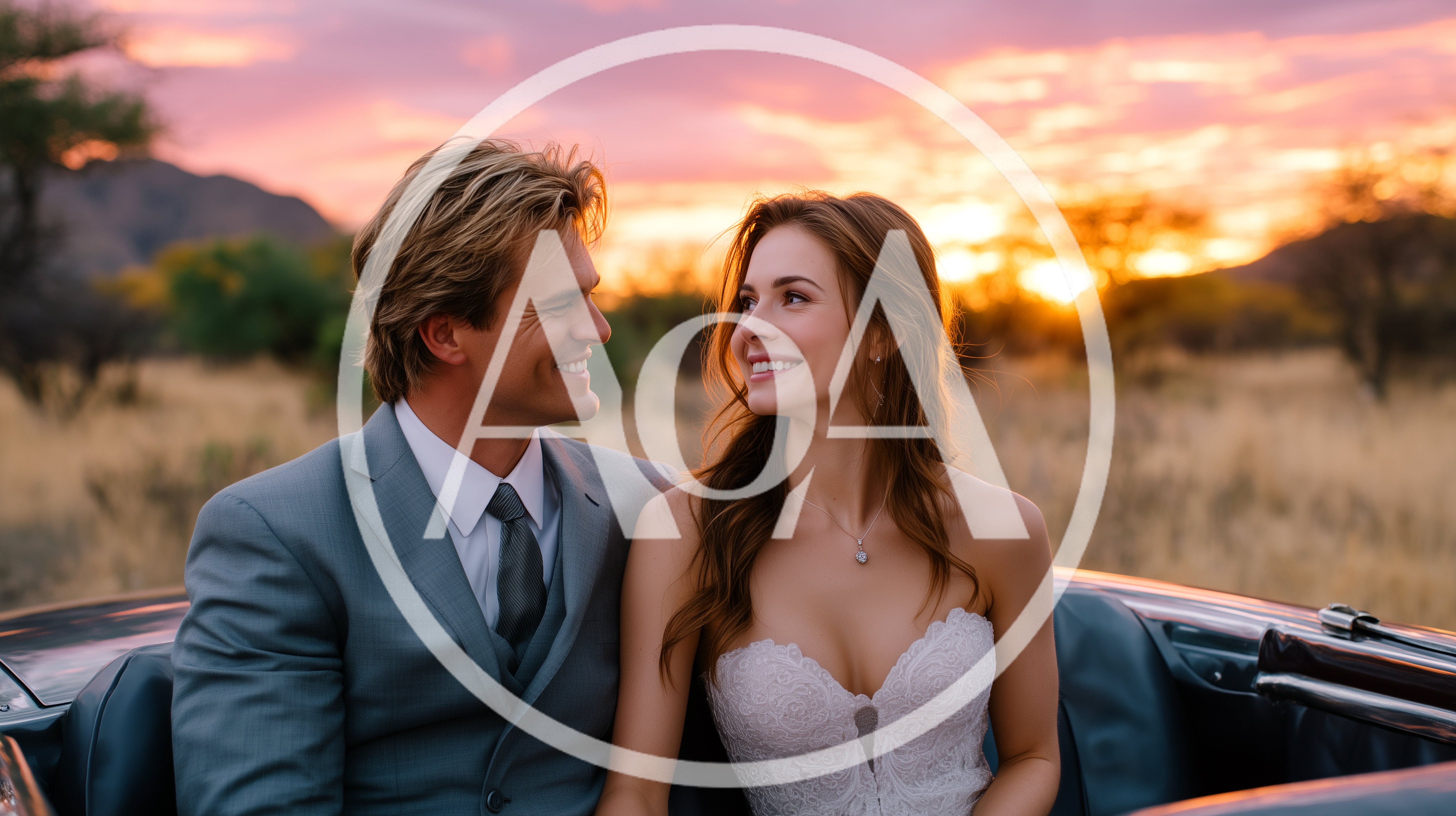 Newlywed Couple Riding In A Convertible At Sunset