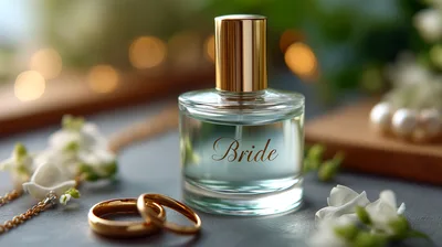 Wedding Perfume Bottle With Gold Rings And White Flowers
