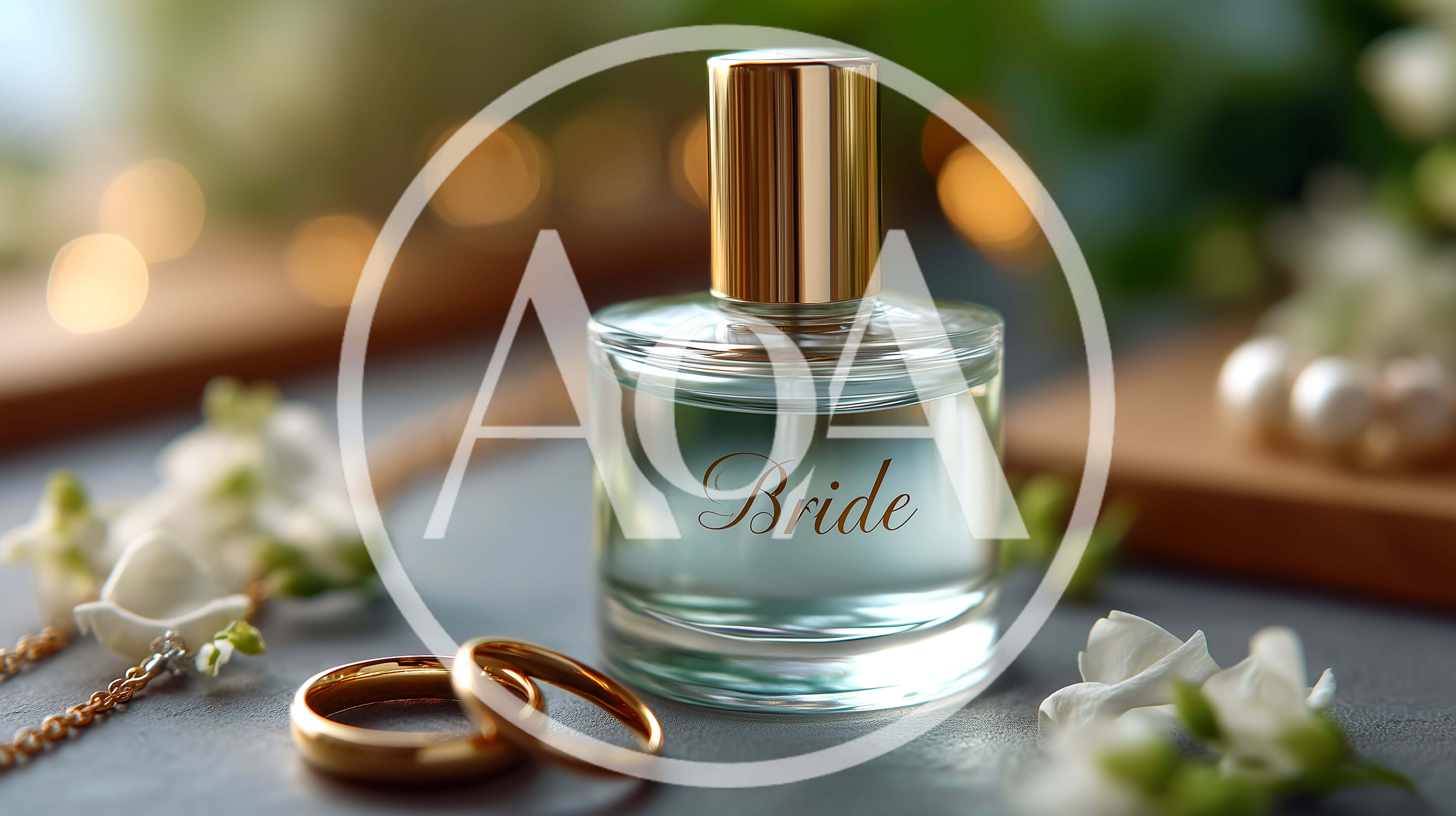 Wedding Perfume Bottle With Gold Rings And White Flowers